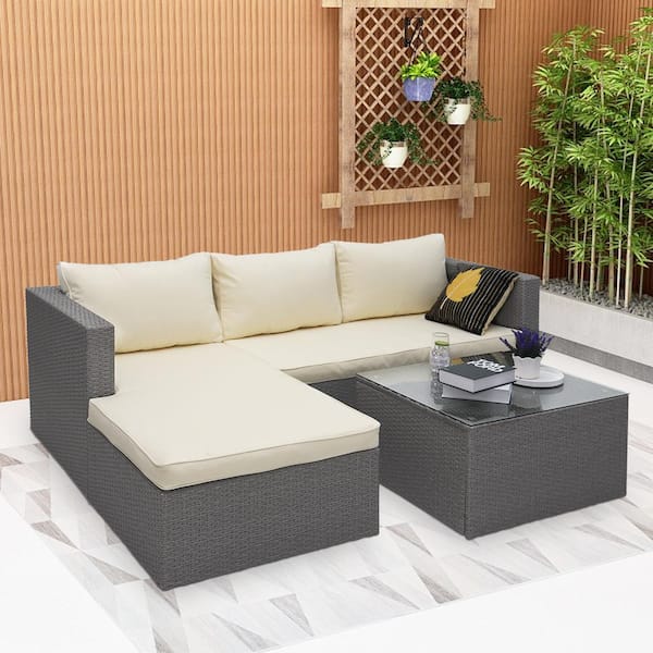 Maypex Gray Steel Frame 3-Piece Wicker Outdoor Sectional Sofa Set with Beige Cushions