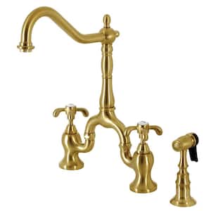 French Country Double-Handle Deck Mount Gooseneck Bridge Kitchen Faucet with Brass Sprayer in Brushed Brass