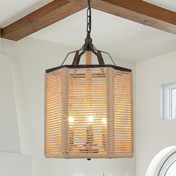 ADSENSTY 3 Light Black Dimmable Rustic Hemp Ropes Shade Chandelier for Kitchen Island with No Bulbs Included