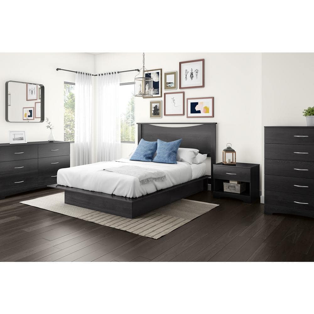 Queen-Sized Oak Wood Frame Platform Bed with Upholstered Storage Drawers