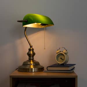 1-Light Traditional Bankers Desk Lamps with Classic Green Shade and Polished Brass Finish with Pull Chain Switch