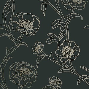 Peonies Black and Gold Removable Peel and Stick Wallpaper, 56 sq. ft.