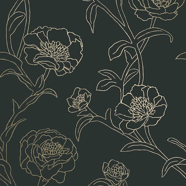 Tempaper Peonies Black and Gold Removable Peel and Stick Wallpaper, 56 sq. ft.
