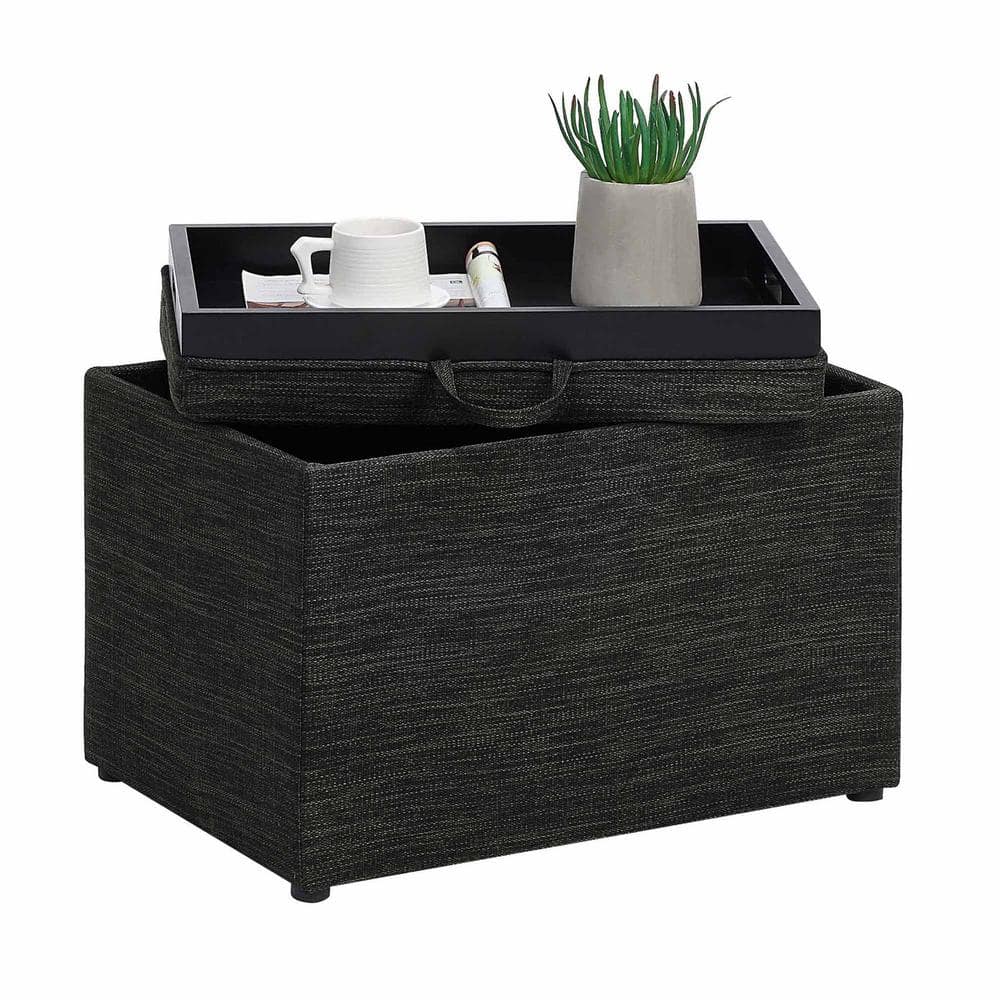 Modern Dark Charcoal Gray Fabric Storage Ottoman with Reversible Tray, 23"