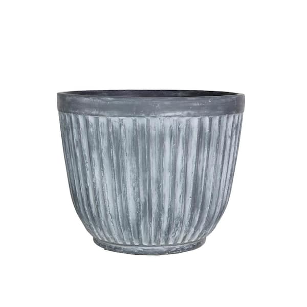 PRIVATE BRAND UNBRANDED 14 in. Dia Weathered Galvanized Gray Composite Outdoor Grooved Planter