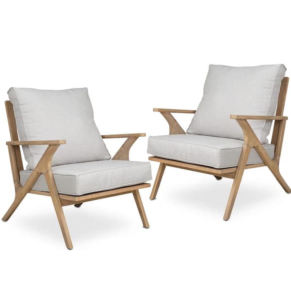 Runesay 2-Pieces Outdoor Acacia Wood Patio Dining Chairs with Grey Cushions for Garden, Backyard, Poolside, Bistro and Deck