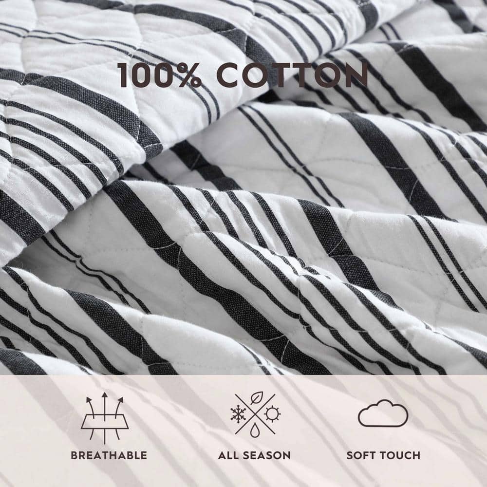 Gray and White Striped Cotton Twin Quilt Set