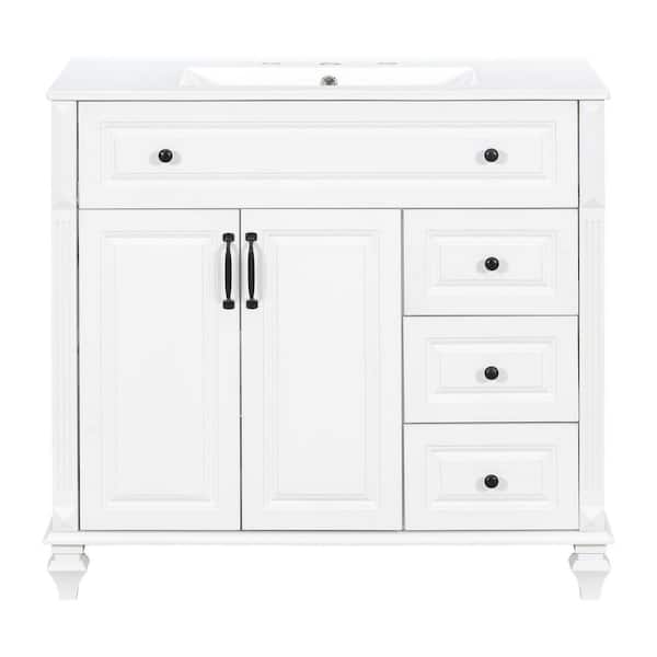36 in. Freestanding White Bath Vanity with White Ceramic Top 3-Drawers, 2 Soft-Close Doors