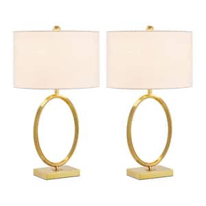 24.75 in. Antique Brass Table Lamp Set and White Linen Shade (Set of 2)