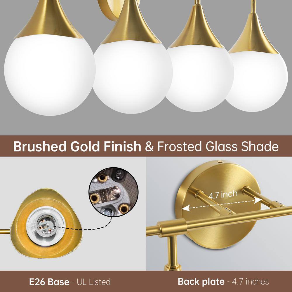 Brushed Gold 4-Light Vanity Fixture with White Glass Shades