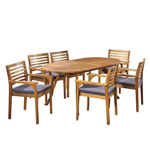 Casa 30 in. Teak Brown 7-Piece Wood Oval Outdoor Dining Set with Dark Grey Cushions