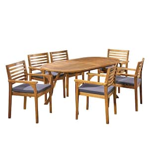 Casa 30 in. Teak Brown 7-Piece Wood Oval Patio Outdoor Dining Set with Dark Grey Cushions