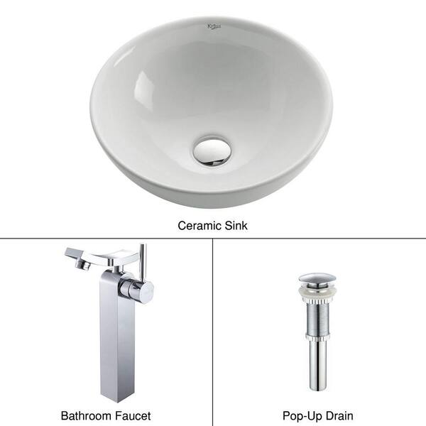 KRAUS Soft Round Ceramic Vessel Sink in White with Unicus Faucet in Chrome