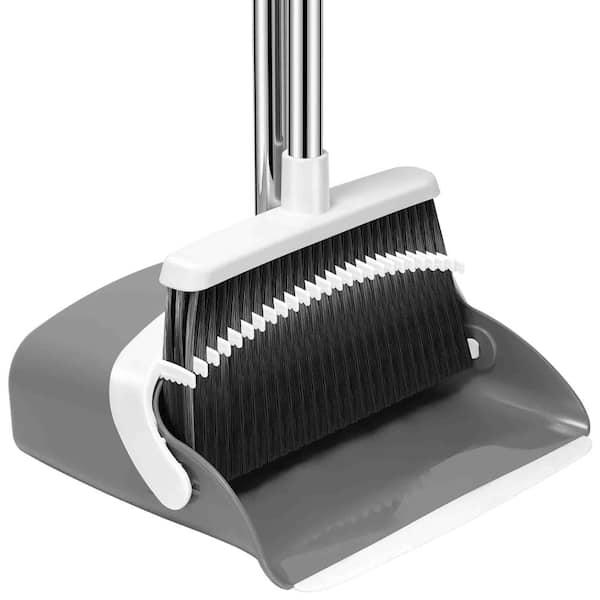Grey White Upright Broom and Dustpan Set