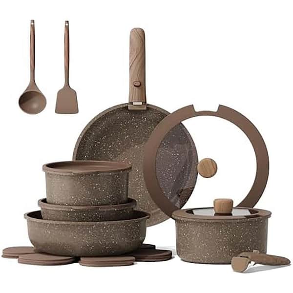 17-Piece Aluminum Cookware Set with Handles, 2-qt & 3-qt Saucepans, 8'' & 10'' Frying Pans, Saute Pan, Glass Lids, Brown