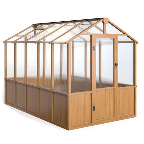6 ft. x 10 ft. Wood Greenhouse for Outdoors, Polycarbonate Panel Wooden Walk-in Greenhouse Kit and Adjustable Roof Vent