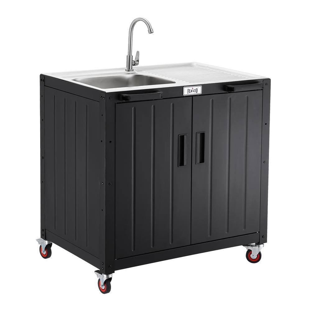 FEASTO Black Movable Outdoor Grill Cart wth Outdoor Sink Station and