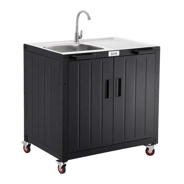 Black Movable Outdoor Grill Cart with Outdoor Sink Station and Storage Cabinet 35.4 in. W x 26 in. D x 36.2 in. H