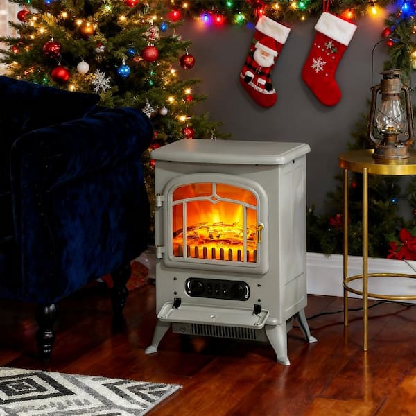 16.3 in. Freestanding Electric Fireplace with Realistic LED Flames and Logs, and Overheating Protection in Gray