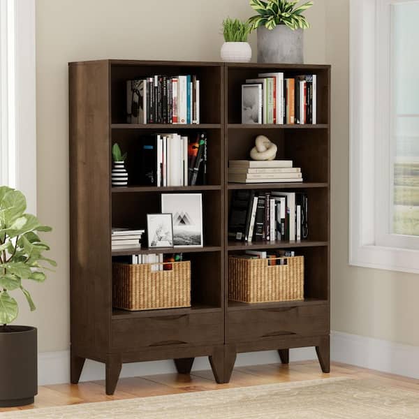 Harper 60 in. Tall Solid Wood 4 Shelf Bookcase in Walnut Brown (Set of 2)