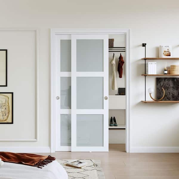 48 in. x 80 in. 3-Lite Tempered Frosted Glass White Finished MDF Closet Sliding Door with Hardware Kit