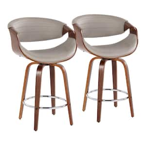 Symphony 26 in. Grey Faux Leather, Walnut Wood and Chrome Metal Fixed-Height Counter Stool (Set of 2)