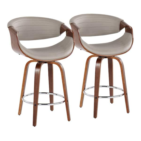 Lumisource Symphony 26 in. Grey Faux Leather, Walnut Wood and Chrome Metal Fixed-Height Counter Stool (Set of 2)