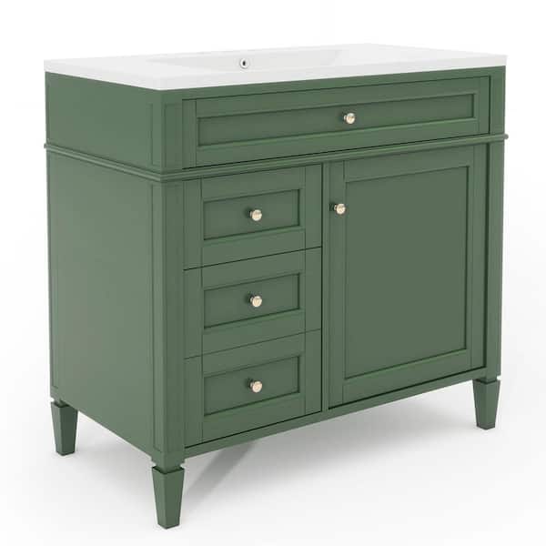 36 in. Single Sink Freestanding Bath Vanity in Green with White Resin Top, 4 Drawers and Medicine Cabinet with Mirror
