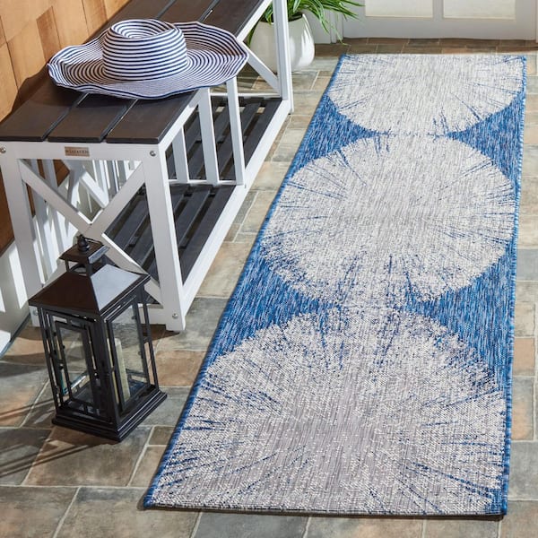 Courtyard Navy/Gray 2 ft. x 8 ft. Floral Abstract Indoor/Outdoor Runner Rug