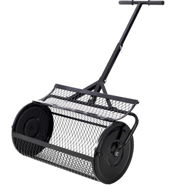 24 in. x 17 in. Lawn Roller, Peat Moss and Compost Spreader, Metal Mesh w/ T-Handle for Lawn/Garden Seeding, Black