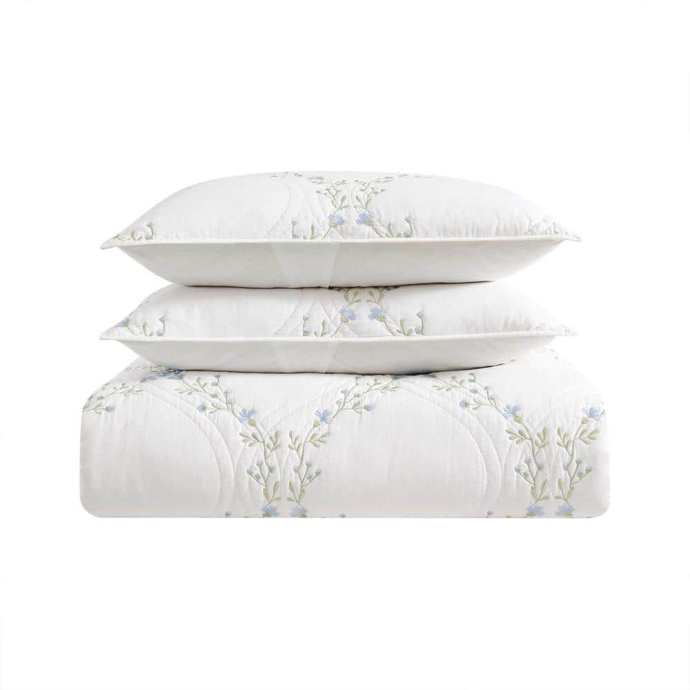 Blue Floral Embroidered Cotton Twin Quilt Set