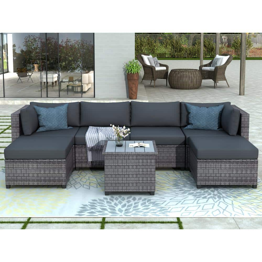 Outdoor 7-Piece Wicker Patio Conversation Set with Gray Cushions -  Wateday, PF-WY000272AAE