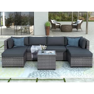 Outdoor 7-Piece Wicker Patio Conversation Set with Gray Cushions