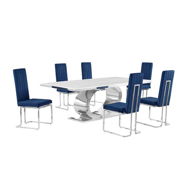 Best Quality Furniture Ibraim 7-Piece Rectangle White Marble Top Stainless Steel Base Dining Set With 6 Navy Blue Velvet Chrome Iron Chairs