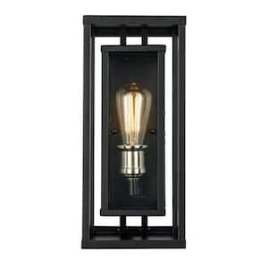 Showcase 15.5 in. 1-Light Black and Brushed Nickel Outdoor Wall Light Fixture with Clear Glass