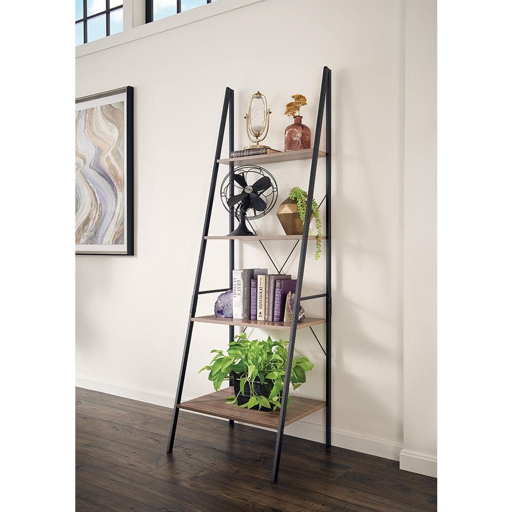 Weathered Gray 4-Tier Wood and Metal Ladder Shelf