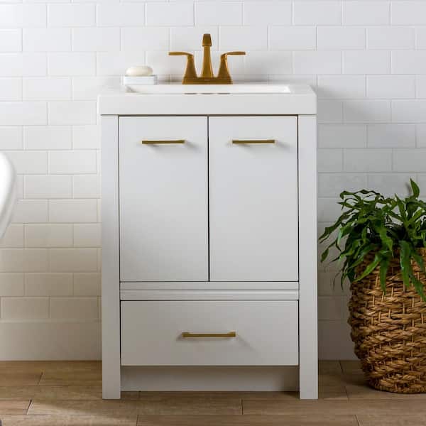 Home Decorators Collection Hertford 25 in. W x 19 in. D x 34 in. H Single Sink Freestanding Bath Vanity in White with White Cultured Marble Top