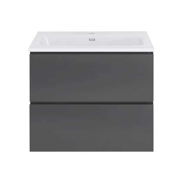 JimsMaison 24 in. W x 18 in. D x 21 in. H Single Sink Wall Mount Bath Vanity in Grey with White Ceramic Top