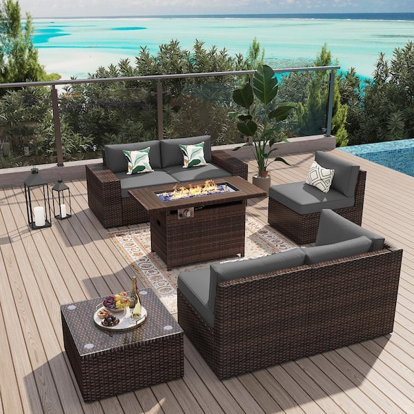 Sizzim 7-Pieces Outdoor Fire Pit Patio Set, Wicker Patio Sectional Set with Fire Pit Table, Coffee Table, Gray Cushions