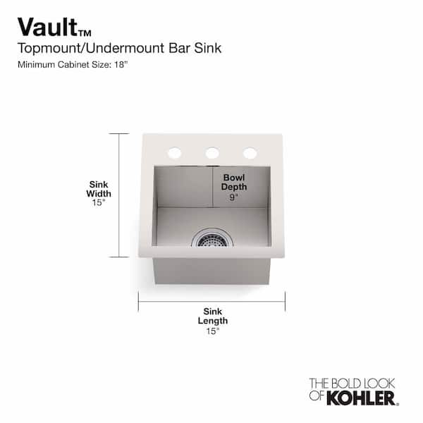 KOHLER Vault 18 Gauge Stainless Steel 15 in. 3-Hole Dual Mount Bar Sink
