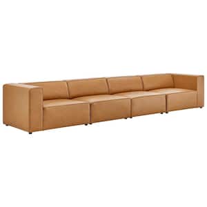 Mingle 4-Piece Tan Faux Leather Straight Symmetrical Sectionals Sofa with Elegant Trim Piping