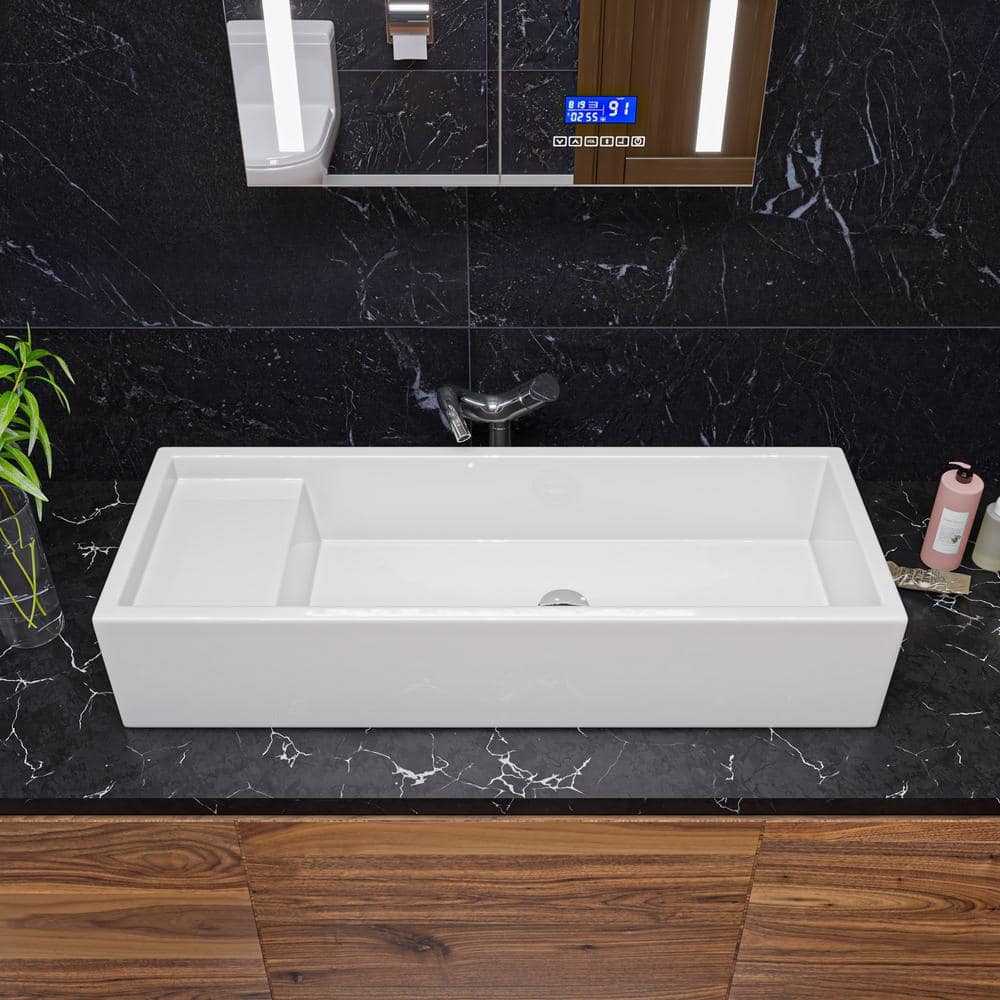 White Ceramic 39.4'' Rectangular Bathroom Trough Sink