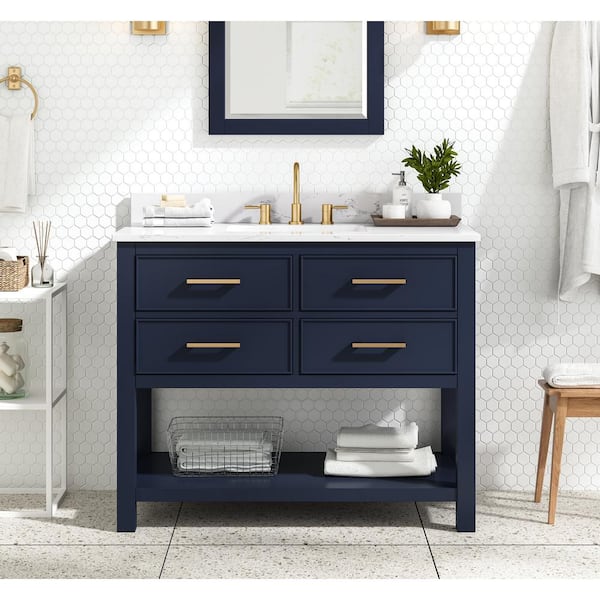 Avanity Brooks 43 in. Single Sink Navy Blue Bath Vanity with Cala White Engineered Stone Top