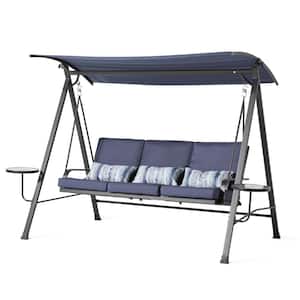 87 in. 3-Person Metal Patio Swing with Canopy and Side Tables, Wicker Seats with Blue Cushions for Lawn, Garden Backyard