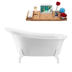 59 in. x 28.3 in. Acrylic Clawfoot Soaking Bathtub in Glossy White with Glossy White Clawfeet and Matte Pink Drain