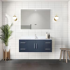 Geneva 48 in. W x 22 in. D Navy Blue Bath Vanity, Cultured Marble Top, Faucet Set, and 48 in. LED Mirror