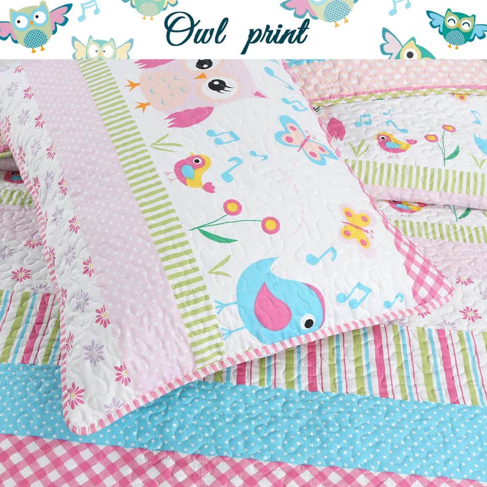 Pink and White Owl Patchwork Twin Microfiber Quilt Set