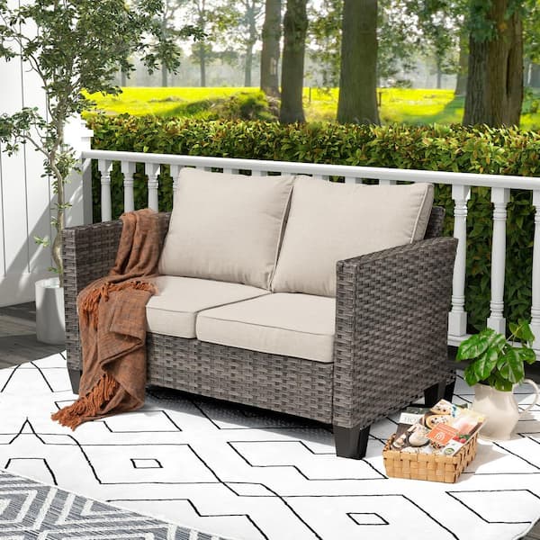 XIZZI Megon Holly 1-Piece Wicker Outdoor Loveseat with Beige Cushions