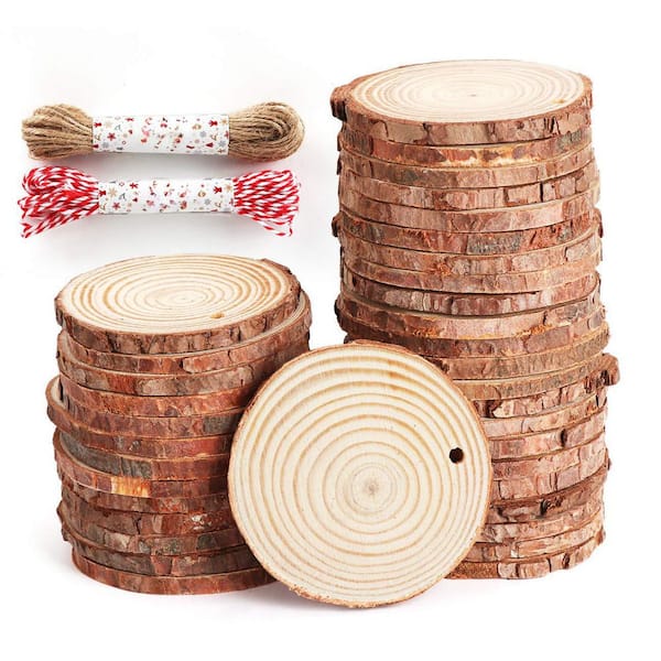 0.2 in. x 2.5 in. x 2.5 in. Pine Wood Project Panel 50-Pack Unfinished Wood Rounds with Pre-drilled Holes and Twine