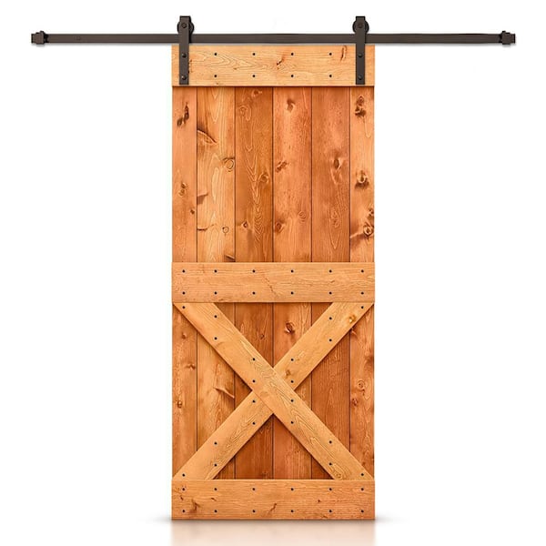 CALHOME 28 in. x 84 in. Distressed Mini X Series Red Walnut Stained DIY Wood Interior Sliding Barn Door with Hardware Kit